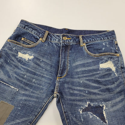 【中古品】【メンズ】 1piu1uguale3 RELAX ウノピゥウノウグァーレトレ リラックス LOGO APPLIQUE DISTRESSED DENIM PANTS USB-24008 ロゴ アップリケ ディストレスド デニムパンツ ジーンズ ボトムス 151-250508-as-14-izu サイズ：XXL カラー：インディゴ 万代Net店