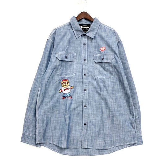 【中古美品】【メンズ】 EXAMPLE エグザンプル 22SS BB BEAR CHAMBRAY WORK SHIRT ビービー ベア シャンブレーワークシャツ トップス 長袖 142-250516-ma-10-izu サイズ：XXL カラー：ブルー 万代Net店