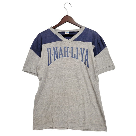 【中古品】【メンズ】 Champion チャンピオン U-NAH-LI-YA V-NECK FOOTBALL TEE Vネック フットボール Tシャツ USA製 両シングル バータグ後期 半袖 トップス 146-250619-as-37-izu サイズ：L カラー：グレー 万代Net店