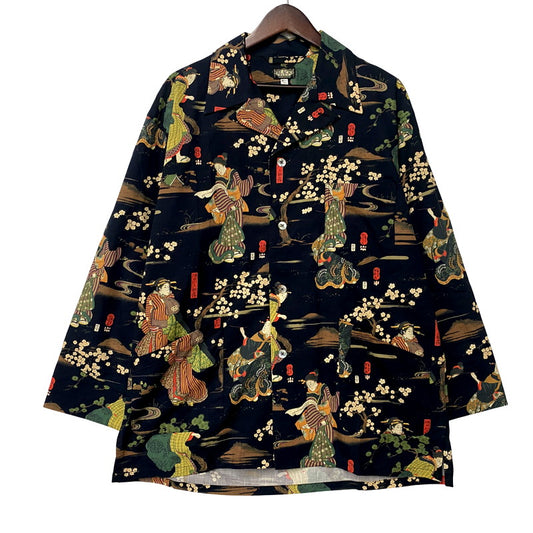 【中古美品】【メンズ】 BLACK SIGN ブラックサイン 25SS THREE QUARTER SLEEVE NIGHT HAWAIIAN SHIRT KUNIYOSHI UTAGAWA BSSL-25110 スリー クォーター スリーブ ナイト ハワイアン シャツ 長袖 トップス 145-250805-ay-11-izu サイズ：42 カラー：ネイビー 万代Net店