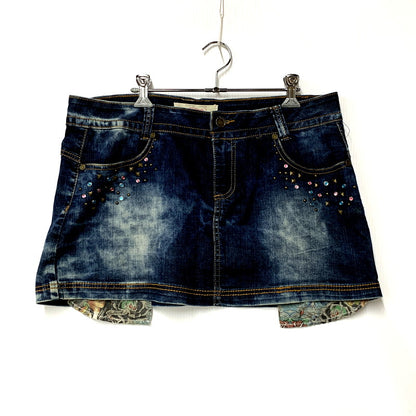 【中古品】【レディース】 ED HARDY エドハーディ ROSE EMBROIDERY STUDS LOGO DENIM SKIRT 001-084762 ロゴ デニム スカート 168-250905-as-13-izu サイズ：15/16 カラー：インディゴ 万代Net店