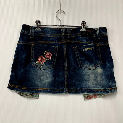 【中古品】【レディース】 ED HARDY エドハーディ ROSE EMBROIDERY STUDS LOGO DENIM SKIRT 001-084762 ロゴ デニム スカート 168-250905-as-13-izu サイズ：15/16 カラー：インディゴ 万代Net店