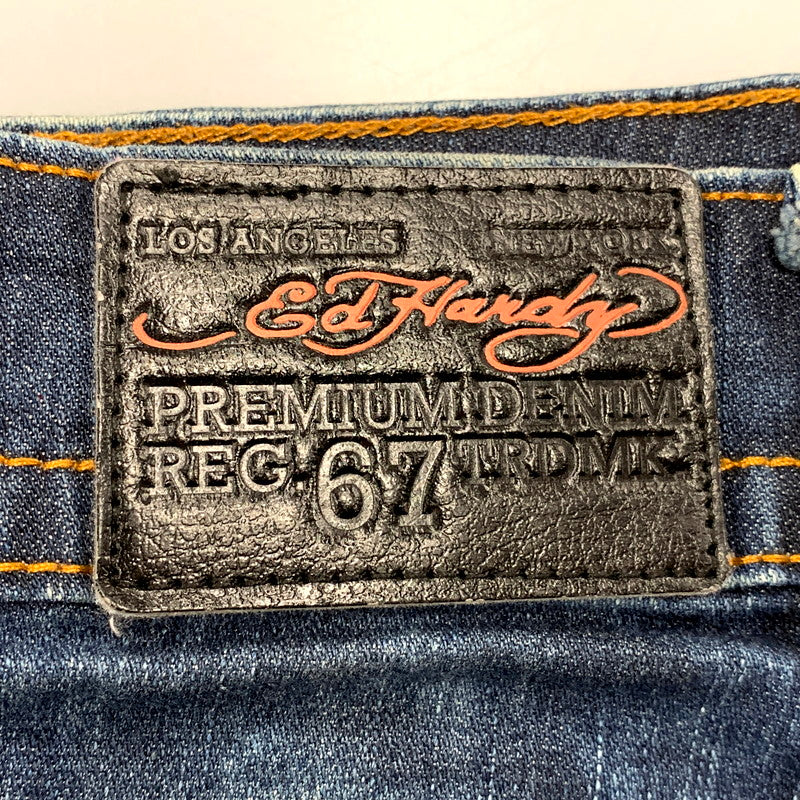 【中古品】【レディース】 ED HARDY エドハーディ ROSE EMBROIDERY STUDS LOGO DENIM SKIRT 001-084762 ロゴ デニム スカート 168-250905-as-13-izu サイズ：15/16 カラー：インディゴ 万代Net店