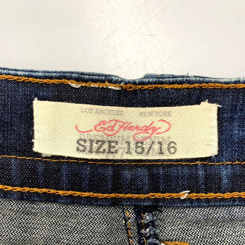 【中古品】【レディース】 ED HARDY エドハーディ ROSE EMBROIDERY STUDS LOGO DENIM SKIRT 001-084762 ロゴ デニム スカート 168-250905-as-13-izu サイズ：15/16 カラー：インディゴ 万代Net店