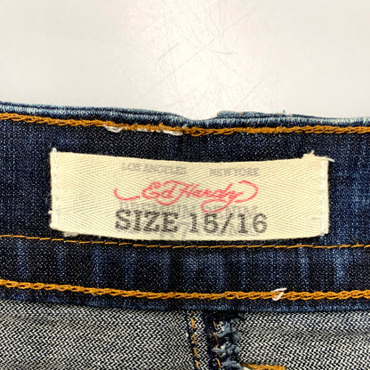 【中古品】【レディース】 ED HARDY エドハーディ ROSE EMBROIDERY STUDS LOGO DENIM SKIRT 001-084762 ロゴ デニム スカート 168-250905-as-13-izu サイズ：15/16 カラー：インディゴ 万代Net店