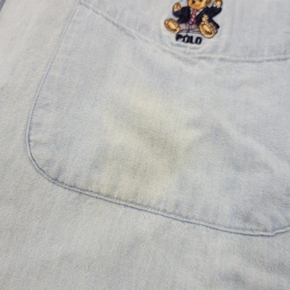 【中古品】【メンズ】 RALPH LAUREN ラルフローレン 90S POLO BEAR EMBROIDERY LS CHAMBRAY SHIRT 90年代 ポロベアー エンブロイダリー ロングスリーブ シャンブレーシャツ トップス 長袖　 146-250911-cs-01-izu サイズ：S カラー：ライトブルー 万代Net店