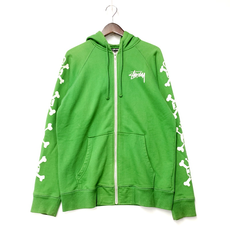 【現状渡し品】【メンズ】 STUSSY AUTHENTIC ステューシー オーセンティック SLEEVE SKULL ZIP UP HOODED SWEATSHIRT ジップアップ フーデッド スウェットシャツ パーカー 長袖 トップス 142-250918-as-18-izu サイズ：L カラー：グリーン 万代Net店