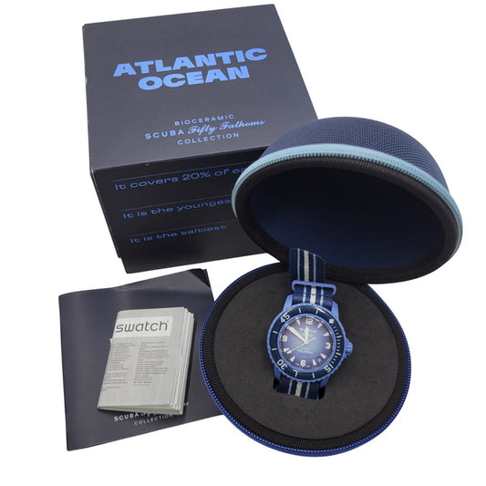 【中古品】【メンズ/レディース】 Swatch スウォッチ × BLANCPAIN ブランパン SCUBA FIFTY FATHOMS ATLANTIC OCEAN S035A100 スキューバ フィフティ ファゾムス 自動巻き 腕時計 197-250921-as-23-izu カラー：ブルー系 万代Net店