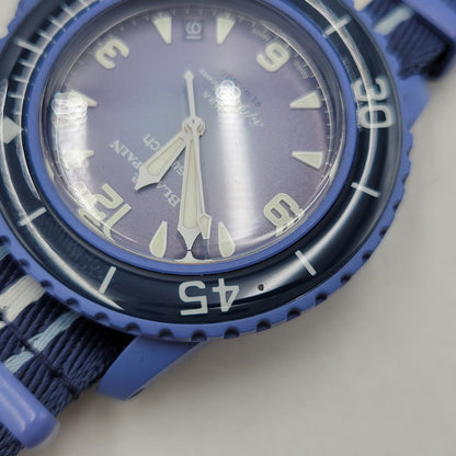 【中古品】【メンズ/レディース】 Swatch スウォッチ × BLANCPAIN ブランパン SCUBA FIFTY FATHOMS ATLANTIC OCEAN S035A100 スキューバ フィフティ ファゾムス 自動巻き 腕時計 197-250921-as-23-izu カラー：ブルー系 万代Net店