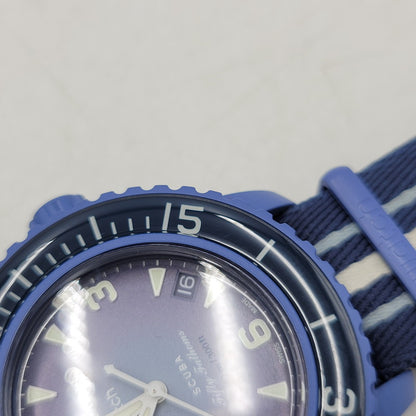 【中古品】【メンズ/レディース】 Swatch スウォッチ × BLANCPAIN ブランパン SCUBA FIFTY FATHOMS ATLANTIC OCEAN S035A100 スキューバ フィフティ ファゾムス 自動巻き 腕時計 197-250921-as-23-izu カラー：ブルー系 万代Net店
