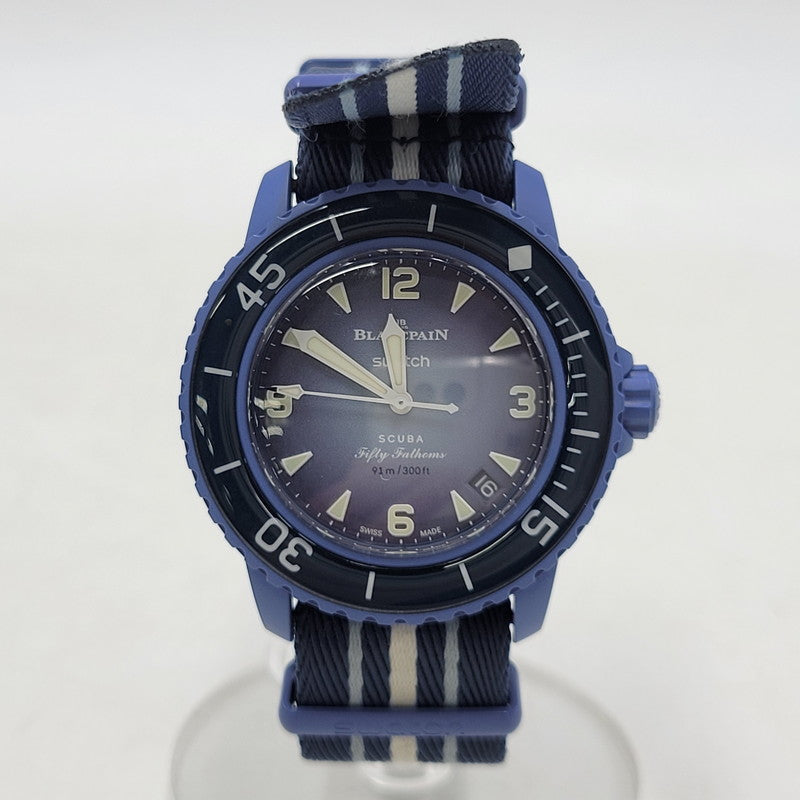【中古品】【メンズ/レディース】 Swatch スウォッチ × BLANCPAIN ブランパン SCUBA FIFTY FATHOMS ATLANTIC OCEAN S035A100 スキューバ フィフティ ファゾムス 自動巻き 腕時計 197-250921-as-23-izu カラー：ブルー系 万代Net店