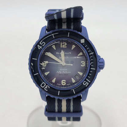 【中古品】【メンズ/レディース】 Swatch スウォッチ × BLANCPAIN ブランパン SCUBA FIFTY FATHOMS ATLANTIC OCEAN S035A100 スキューバ フィフティ ファゾムス 自動巻き 腕時計 197-250921-as-23-izu カラー：ブルー系 万代Net店