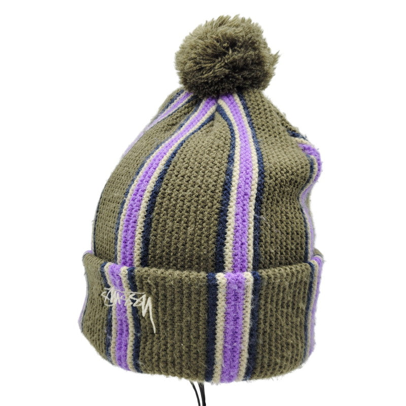 【中古品】【メンズ/レディース】 STUSSY ステューシー STRIPED POM BEANIE 1321079 ストライプ ビーニー ニット帽 帽子 185-251028-as-39-izu サイズ：F カラー：カーキ 万代Net店