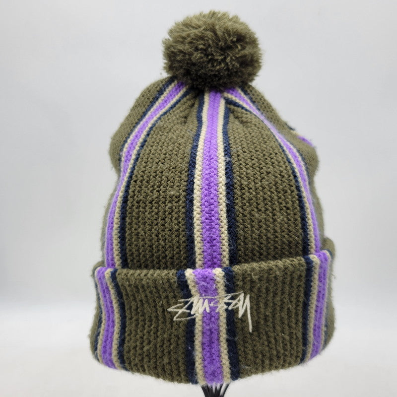 【中古品】【メンズ/レディース】 STUSSY ステューシー STRIPED POM BEANIE 1321079 ストライプ ビーニー ニット帽 帽子 185-251028-as-39-izu サイズ：F カラー：カーキ 万代Net店