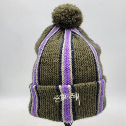 【中古品】【メンズ/レディース】 STUSSY ステューシー STRIPED POM BEANIE 1321079 ストライプ ビーニー ニット帽 帽子 185-251028-as-39-izu サイズ：F カラー：カーキ 万代Net店