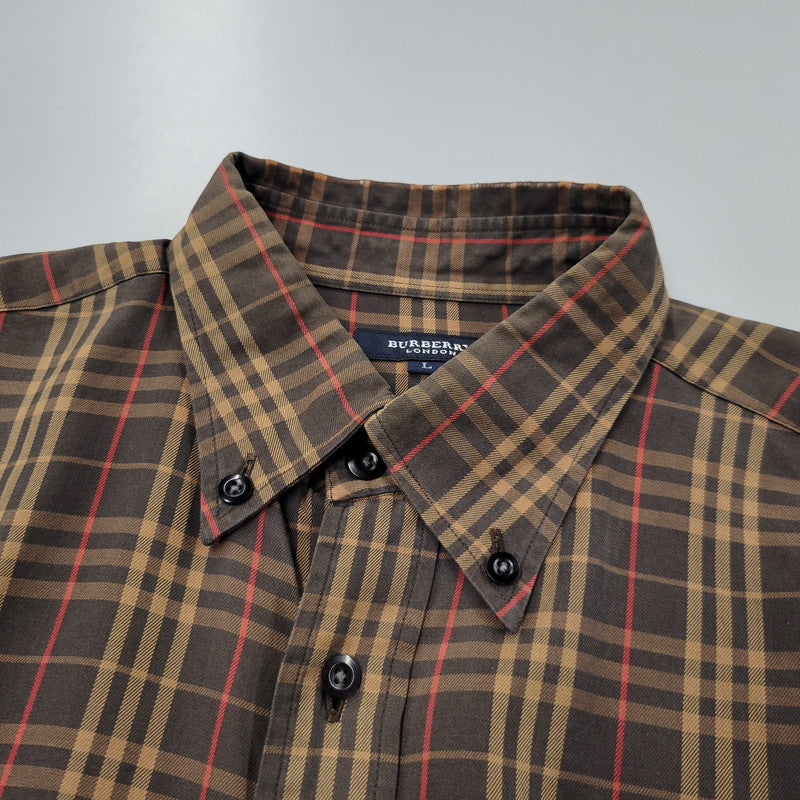 【中古品】【メンズ】 BURBERRY LONDON バーバリーロンドン CHECK LS BD SHIRT BBW80-940 チェック ロングスリーブ ボタンダウン シャツ 日本製 長袖 トップス 141-251026-as-13-izu サイズ：L カラー：ブラウン系 万代Net店