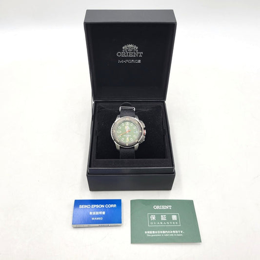 【中古品】【メンズ/レディース】 ORIENT オリエント M-FORCE QUARTZ RN-AC0N03E 自動巻き グリーン文字盤 腕時計 197-251106-as-11-izu カラー：ブラック×シルバー×グリーン 万代Net店