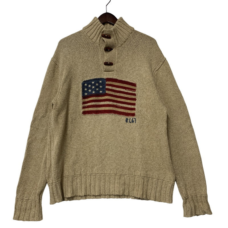 【中古品】【メンズ】 Polo by Ralph Lauren ポロバイラルフローレン TOGGLE NECK COTTON LINEN KNIT SWEATER トグル ネック コットン リネン ニット セーター トップス 長袖 147-251201-cs-03-izu サイズ：L カラー：ベージュ 万代Net店
