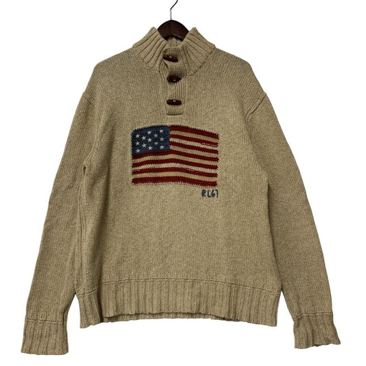 【中古品】【メンズ】 Polo by Ralph Lauren ポロバイラルフローレン TOGGLE NECK COTTON LINEN KNIT SWEATER トグル ネック コットン リネン ニット セーター トップス 長袖 147-251201-cs-03-izu サイズ：L カラー：ベージュ 万代Net店