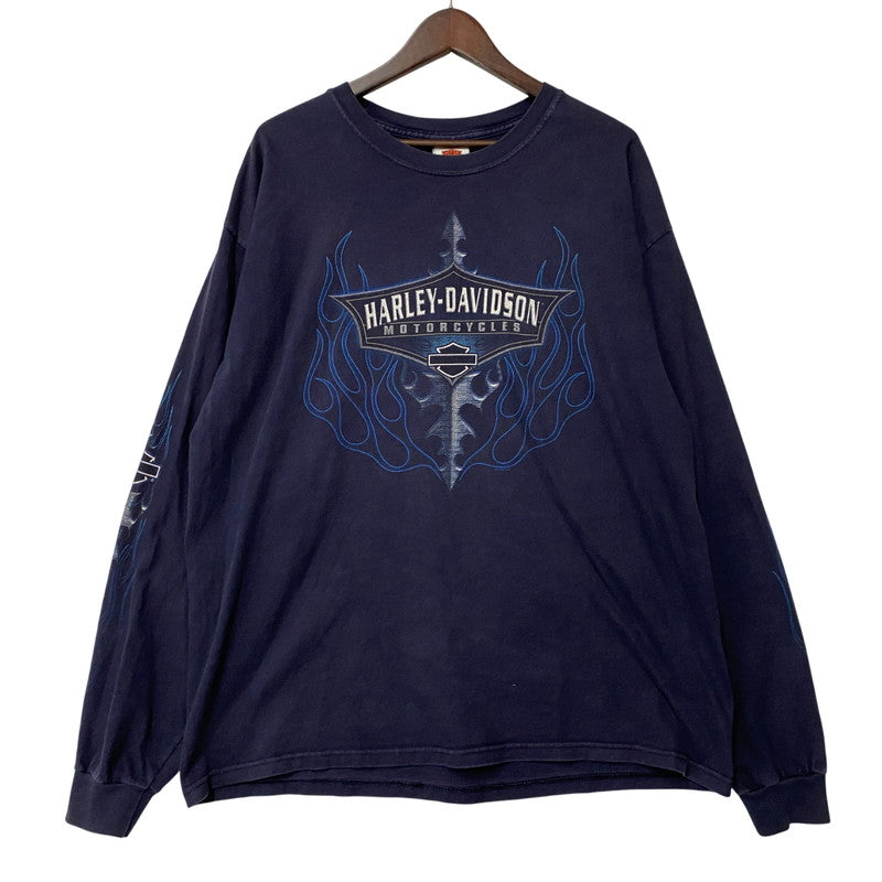 【中古品】【メンズ】 HARLEY-DAVIDSON ハーレーダビッドソン USA製 00S FLAME LS TEE フレイム ロングスリーブ Tシャツ トップス 長袖 146-260107-cs-10-izu サイズ：XL カラー：ネイビー 万代Net店