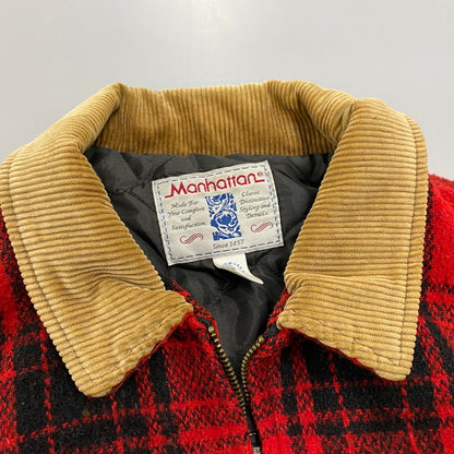 【中古品】【メンズ】 MANHATTAN マンハッタン CORDUROY COLLAR CHECK WOOL JACKET コーデュロイ カラー チェック ウールジャケット USA製 アウター 146-260118-as-05-izu サイズ：L カラー：レッド×ブラック 万代Net店