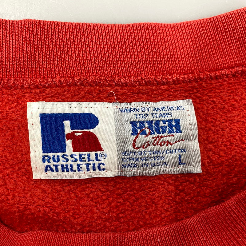 【中古品】【メンズ】 RUSSELL ATHLETIC ラッセル アスレチック 90’S USA製 ESKIMO JOE'S V GAZETTE SWEAT SHIRT エスキモー ジョーズ ブイ ガゼット スウェット シャツ トップス 長袖 146-260207-cs-22-izu サイズ：L カラー：レッド 万代Net店