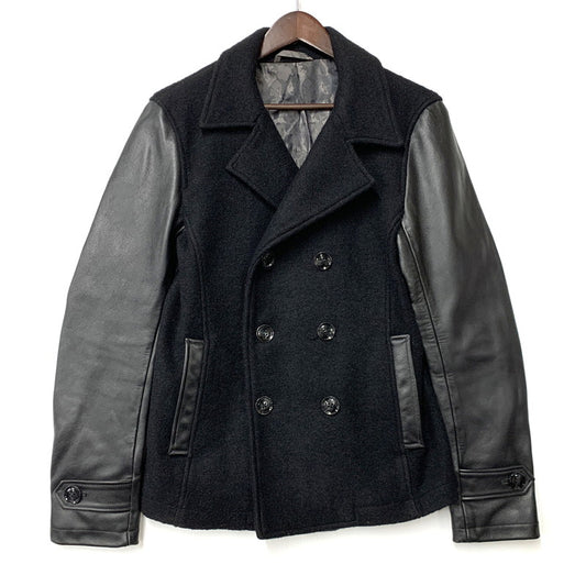 【現状渡し品】【メンズ】 MIDAS ミダス 361366 WOOL LEATHER P COAT ウール レザー ピーコート アウター 147-260214-cs-24-izu サイズ：M カラー：ブラック 万代Net店