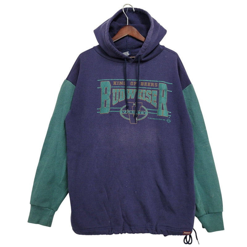 【現状渡し品】【メンズ】 JANSPORT ジャンスポーツ BUDWEISER 2-TONE HOODED SWEATSHIRT フーデッド スウェットシャツ USA製 c1992 パーカー 長袖 トップス 146-260218-as-17-izu サイズ：XL カラー：ネイビー×グリーン 万代Net店