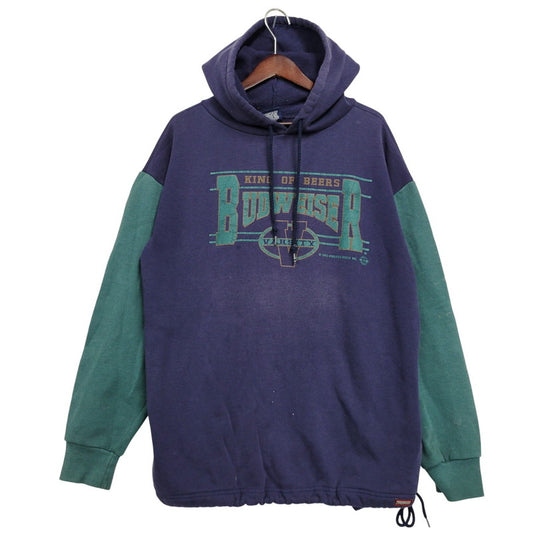 【現状渡し品】【メンズ】 JANSPORT ジャンスポーツ BUDWEISER 2-TONE HOODED SWEATSHIRT フーデッド スウェットシャツ USA製 c1992 パーカー 長袖 トップス 146-260218-as-17-izu サイズ：XL カラー：ネイビー×グリーン 万代Net店