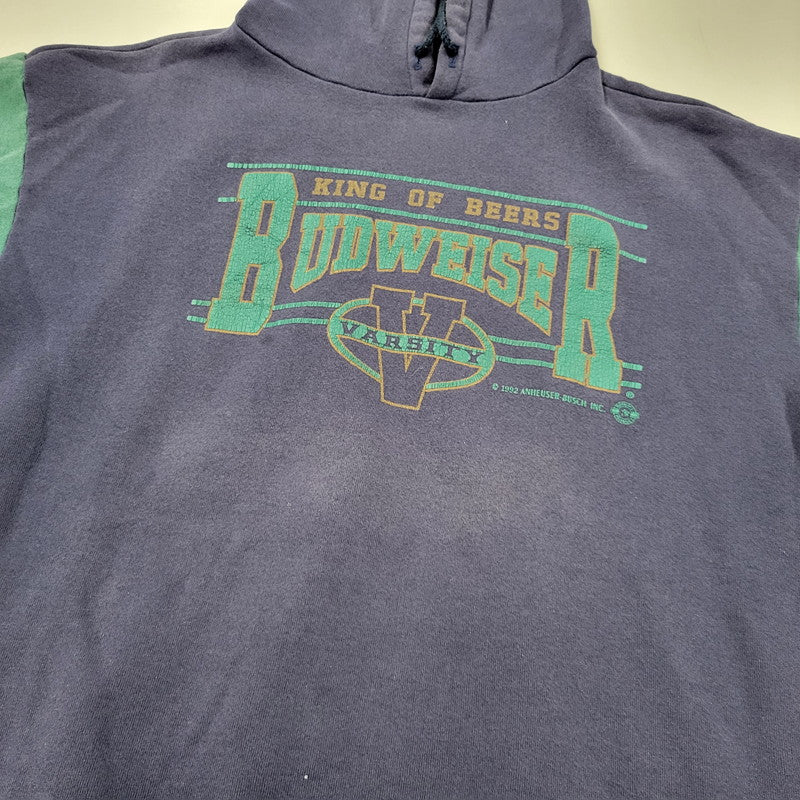 【現状渡し品】【メンズ】 JANSPORT ジャンスポーツ BUDWEISER 2-TONE HOODED SWEATSHIRT フーデッド スウェットシャツ USA製 c1992 パーカー 長袖 トップス 146-260218-as-17-izu サイズ：XL カラー：ネイビー×グリーン 万代Net店