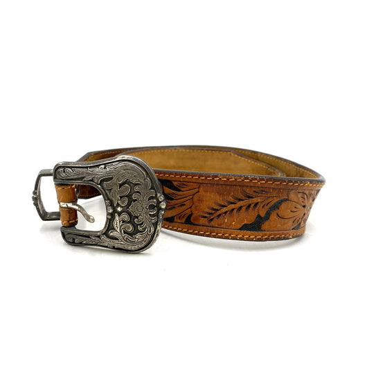 【現状渡し品】【メンズ】 JUSTIN ジャスティン C10604 CARVING LEATHER BELT カービング レザー ベルト 205-260224-cs-11-izu サイズ：32 カラー：ブラウン 万代Net店