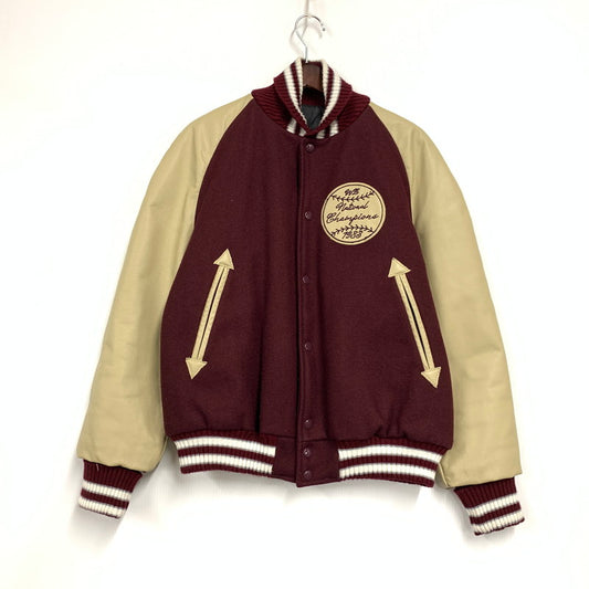 【中古品】【メンズ】 HEWITT MFG ヒューイット エムエフジー × BACKDROP バックドロップ VIN13F-AJ01 別注 USA製 WOOL×LEATHER ウール レザー STADIUM JACKET スタジアム ジャケット アウター 145-260228-ya-11-izu サイズ：38 カラー：ワインレッド×ベージュ 万代Net店