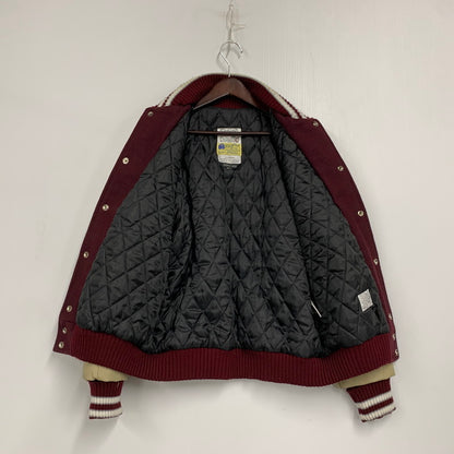 【中古品】【メンズ】 HEWITT MFG ヒューイット エムエフジー × BACKDROP バックドロップ VIN13F-AJ01 別注 USA製 WOOL×LEATHER ウール レザー STADIUM JACKET スタジアム ジャケット アウター 145-260228-ya-11-izu サイズ：38 カラー：ワインレッド×ベージュ 万代Net店