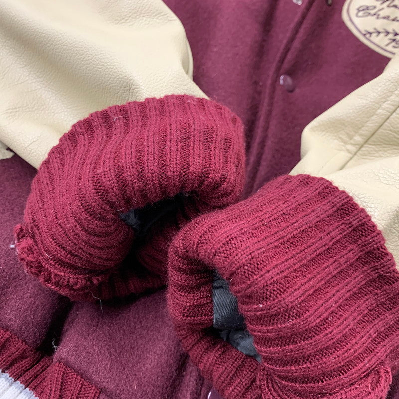 【中古品】【メンズ】 HEWITT MFG ヒューイット エムエフジー × BACKDROP バックドロップ VIN13F-AJ01 別注 USA製 WOOL×LEATHER ウール レザー STADIUM JACKET スタジアム ジャケット アウター 145-260228-ya-11-izu サイズ：38 カラー：ワインレッド×ベージュ 万代Net店