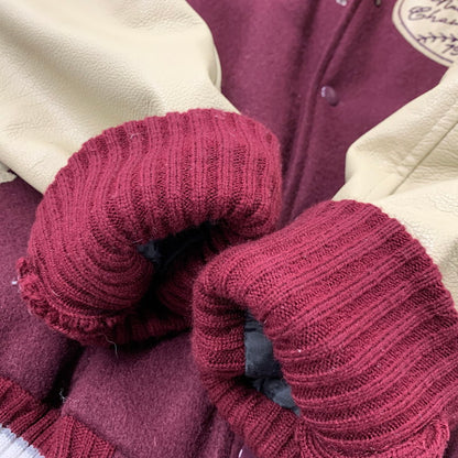 【中古品】【メンズ】 HEWITT MFG ヒューイット エムエフジー × BACKDROP バックドロップ VIN13F-AJ01 別注 USA製 WOOL×LEATHER ウール レザー STADIUM JACKET スタジアム ジャケット アウター 145-260228-ya-11-izu サイズ：38 カラー：ワインレッド×ベージュ 万代Net店
