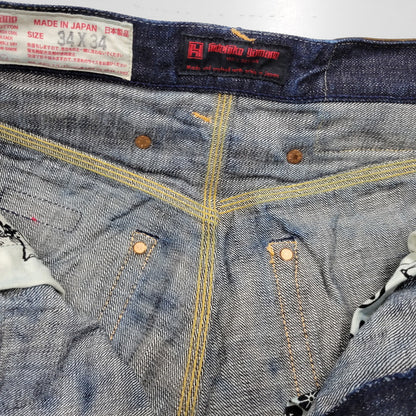 【中古品】【メンズ】 YAMANE ヤマネ PRINT DENIM PANTS LOT1947 プリント デニムパンツ シンチバック 山 ジーンズ ボトムス 156-260306-as-25-izu サイズ：34×34 カラー：インディゴ 万代Net店