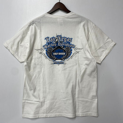 【中古品】【メンズ】 HARLEY DAVIDSON ハーレーダビッドソン LAS VEGAS SPADE BLUE FIRE PRINT S/S TEE c2010 プリント Tシャツ 半袖 白タグ USA製 146-260315-as-06-izu サイズ：L カラー：ホワイト 万代Net店