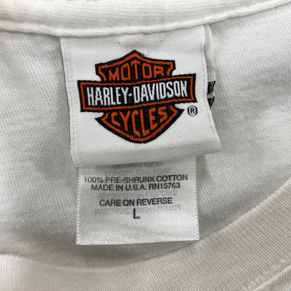 【中古品】【メンズ】 HARLEY DAVIDSON ハーレーダビッドソン LAS VEGAS SPADE BLUE FIRE PRINT S/S TEE c2010 プリント Tシャツ 半袖 白タグ USA製 146-260315-as-06-izu サイズ：L カラー：ホワイト 万代Net店