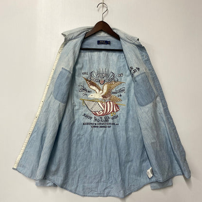 【中古品】【メンズ】 POLO RALPH LAUREN ポロ・ラルフローレン 鷹 刺繍 CHAMBRAY LS SHIRT シャンブレー ロングスリーブ シャツ トップス 長袖 147-260319-cs-24-izu サイズ：L カラー：ライトブルー 万代Net店