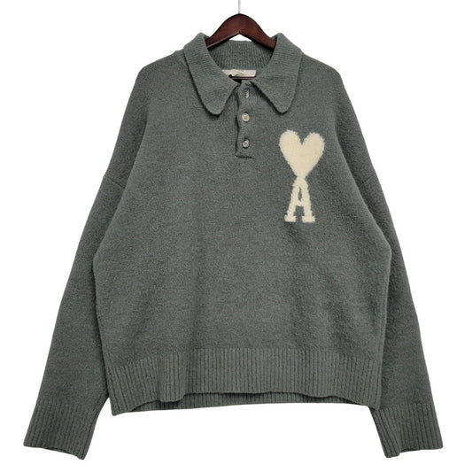 【中古品】【メンズ】 AMI アミ UPL325.KN0032 HEART LOGO JACQUARD KNIT ハート ロゴ ジャガード ニット トップス 141-260316-yn-08-izu サイズ：L カラー：グリーン 万代Net店