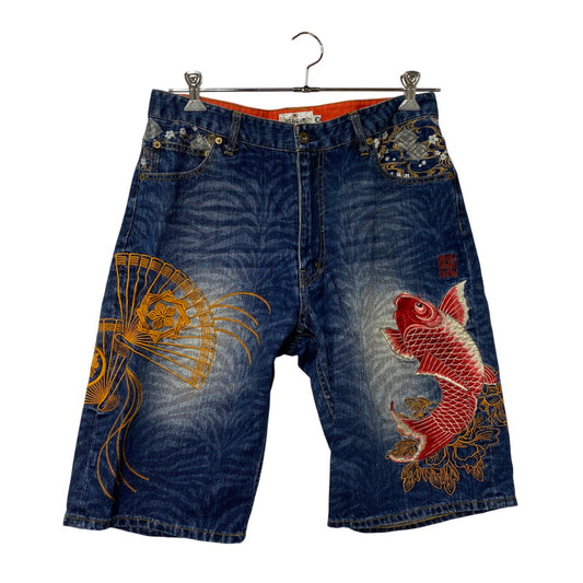 【中古品】【メンズ】 絡繰魂 カラクリダマシイ 222375 鯉×扇子 DENIM SHORTS デニム ショーツ パンツ ボトムス ズボン 156-260328-cs-21-izu サイズ：36 カラー：インディゴ 万代Net店
