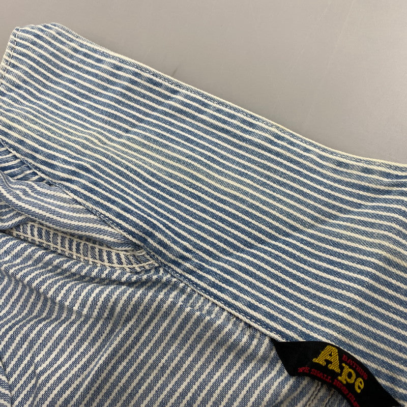 【現状渡し品】【メンズ】 A BATHING APE アベイシングエイプ 初期タグ HICKORY OVERALLS ヒッコリー オーバーオールズ ズボン ボトムス 153-260405-ya-05-izu サイズ：L カラー：ブルー×ホワイト 万代Net店