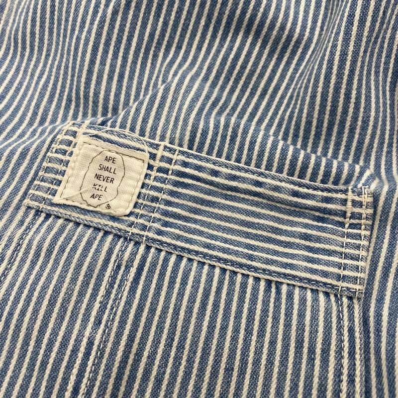 【現状渡し品】【メンズ】 A BATHING APE アベイシングエイプ 初期タグ HICKORY OVERALLS ヒッコリー オーバーオールズ ズボン ボトムス 153-260405-ya-05-izu サイズ：L カラー：ブルー×ホワイト 万代Net店