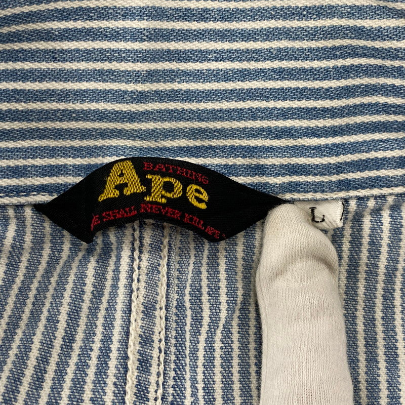 【現状渡し品】【メンズ】 A BATHING APE アベイシングエイプ 初期タグ HICKORY OVERALLS ヒッコリー オーバーオールズ ズボン ボトムス 153-260405-ya-05-izu サイズ：L カラー：ブルー×ホワイト 万代Net店