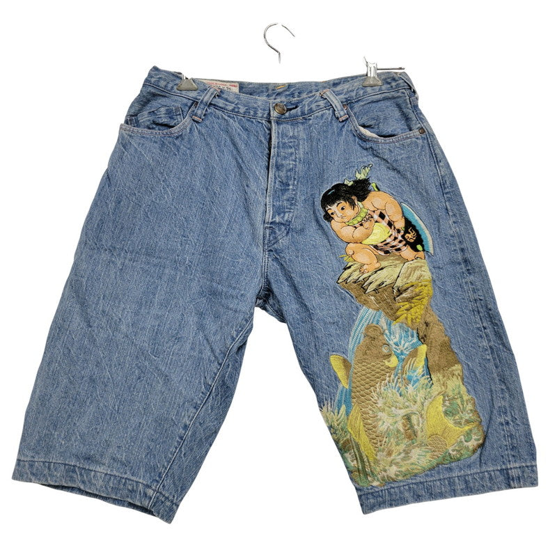 【中古品】【メンズ】 YAMANE ヤマネ DENIM SHORTS LOT 1926 デニムショーツ 金太郎×鯉×山 ショートパンツ ボトムス 156-260405-as-13-izu サイズ：36×31 カラー：ライトブルー 万代Net店