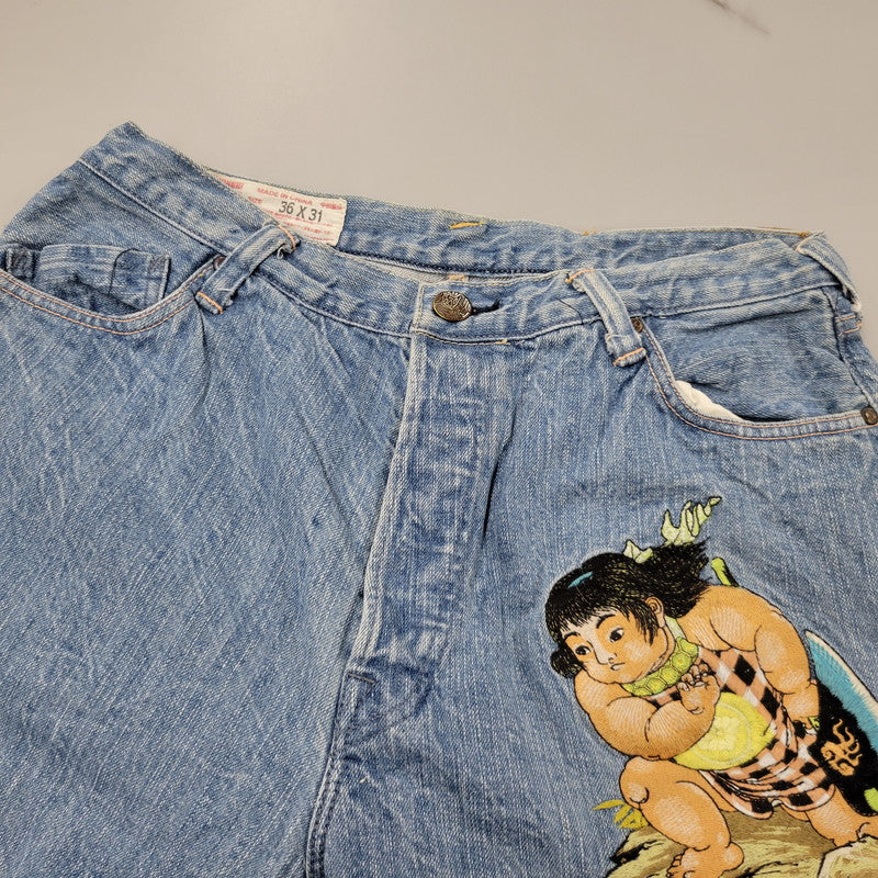 【中古品】【メンズ】 YAMANE ヤマネ DENIM SHORTS LOT 1926 デニムショーツ 金太郎×鯉×山 ショートパンツ ボトムス 156-260405-as-13-izu サイズ：36×31 カラー：ライトブルー 万代Net店