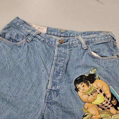 【中古品】【メンズ】 YAMANE ヤマネ DENIM SHORTS LOT 1926 デニムショーツ 金太郎×鯉×山 ショートパンツ ボトムス 156-260405-as-13-izu サイズ：36×31 カラー：ライトブルー 万代Net店