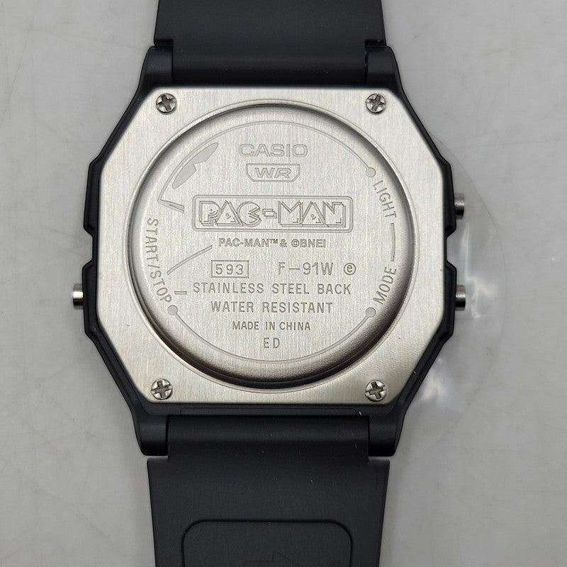 【中古美品】【メンズ/レディース】 CASIO カシオ × PAC-MAN パックマン DIGITAL QUARTZ F-91WPC-1ADR デジタルクオーツ 腕時計 199-260529-as-16-izu サイズ：38.2 × 35.2 × 8.5 mm カラー：ブラック 万代Net店