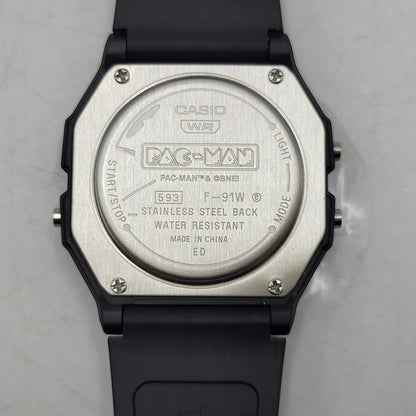 【中古美品】【メンズ/レディース】 CASIO カシオ × PAC-MAN パックマン DIGITAL QUARTZ F-91WPC-1ADR デジタルクオーツ 腕時計 199-260529-as-16-izu サイズ：38.2 × 35.2 × 8.5 mm カラー：ブラック 万代Net店