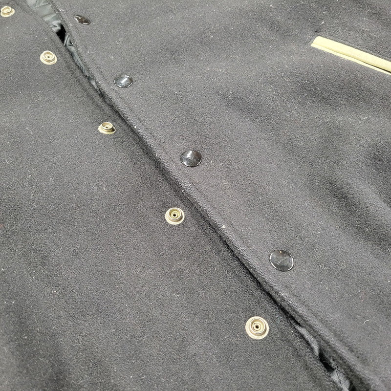 【現状渡し品】【メンズ】 FRED PERRY フレッドペリー スポーツ ウェア 90S 日本製 PATCH EMBROIDERY WOOL パッチ エンブロイダリー ウール × LEATHER STADIUM JACKET レザー スタジアム ジャケット アウター 146-260507-ya-03-izu サイズ：L カラー：BLACK×BEIGE 万代Net店